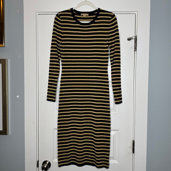 Michael Kors Collection Dresses & Skirts - Michael Kors Collection Italy Navy Gold Metallic Stripe Knit Midi Dress Size M